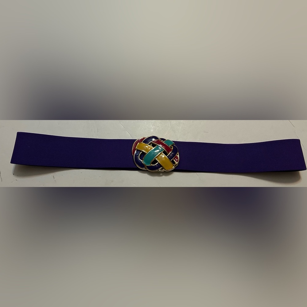 Vintage purple stretch belt with multicolored buckle  waist 28 inches
